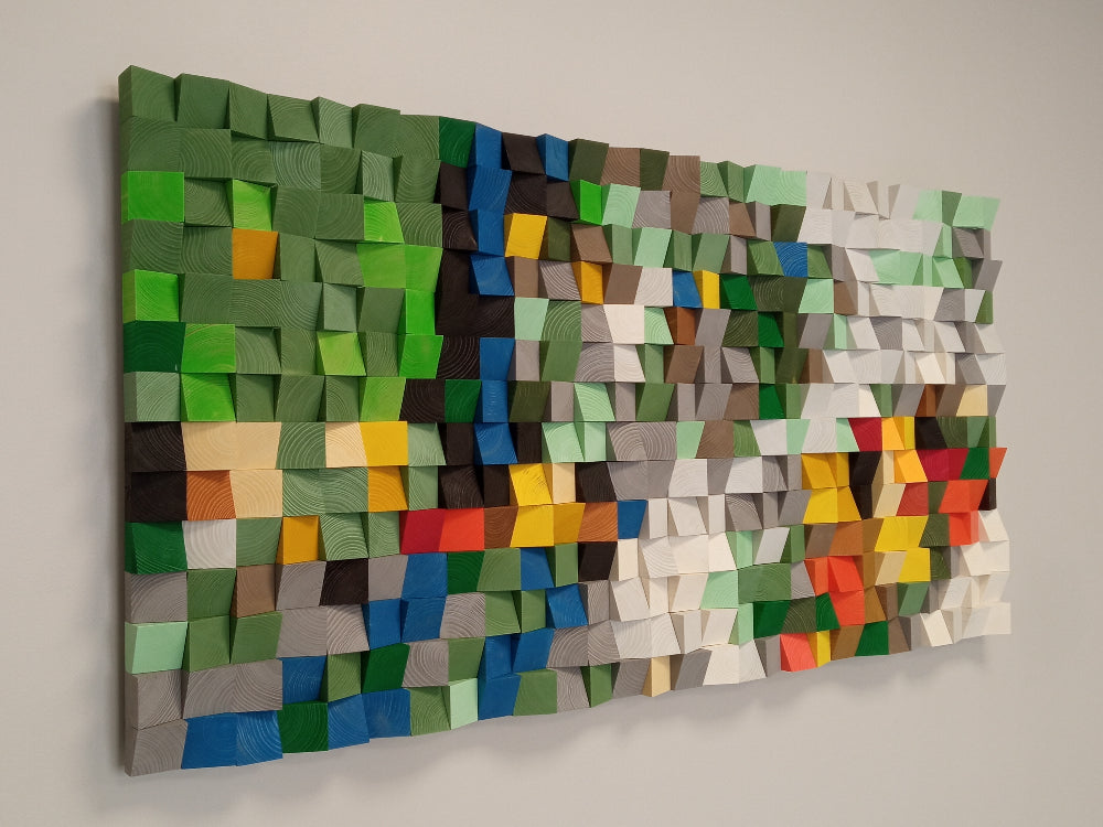 Nature-inspired 3D wooden wall decor showing layered meadow tones and acoustic depth.