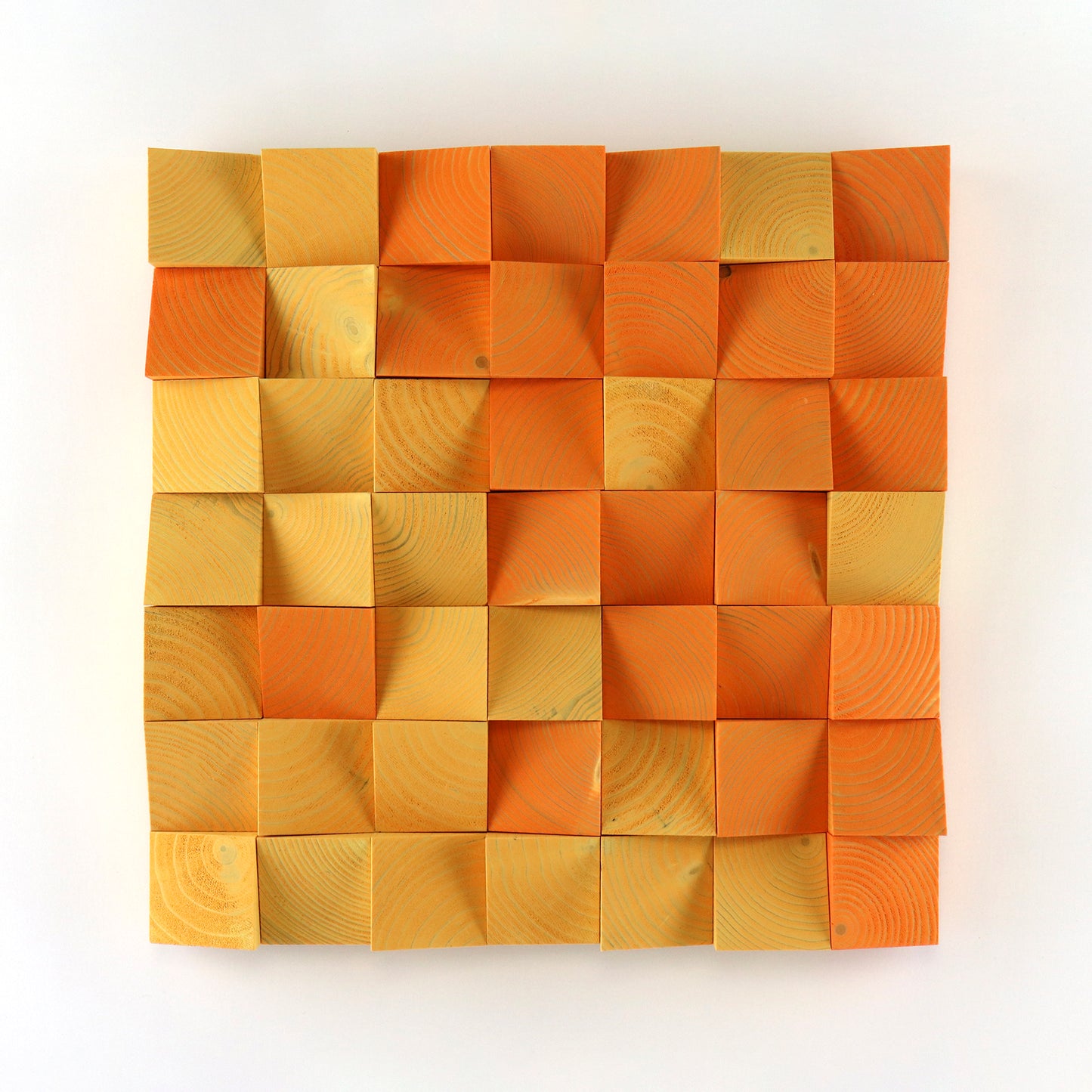 Orange 3D wooden wall art panel featuring handcrafted checkered wood blocks.