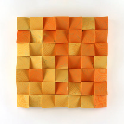 Orange 3D wooden wall art panel featuring handcrafted checkered wood blocks.