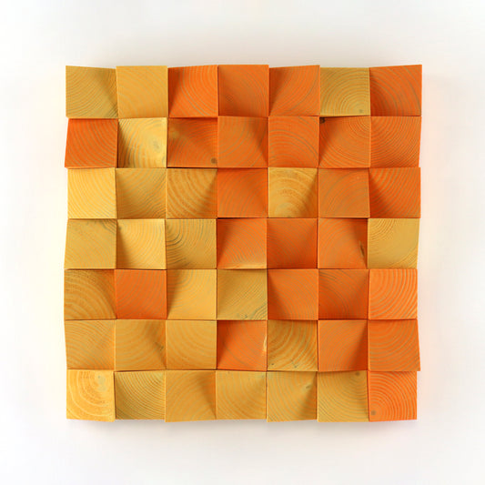 Orange 3D wooden wall art panel featuring handcrafted checkered wood blocks.