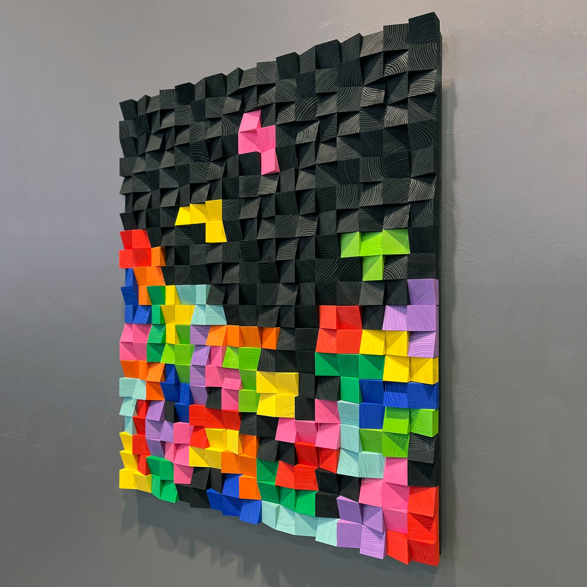 Retro Glitch wooden wall art with playful color blocks and 3D wood texture.