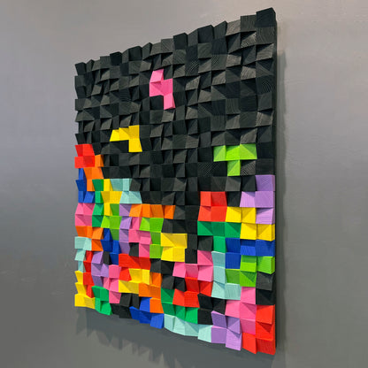 Retro Glitch wooden wall art with playful color blocks and 3D wood texture.