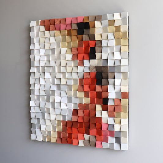 Handcrafted 3D wooden wall art with red and beige geometric blocks