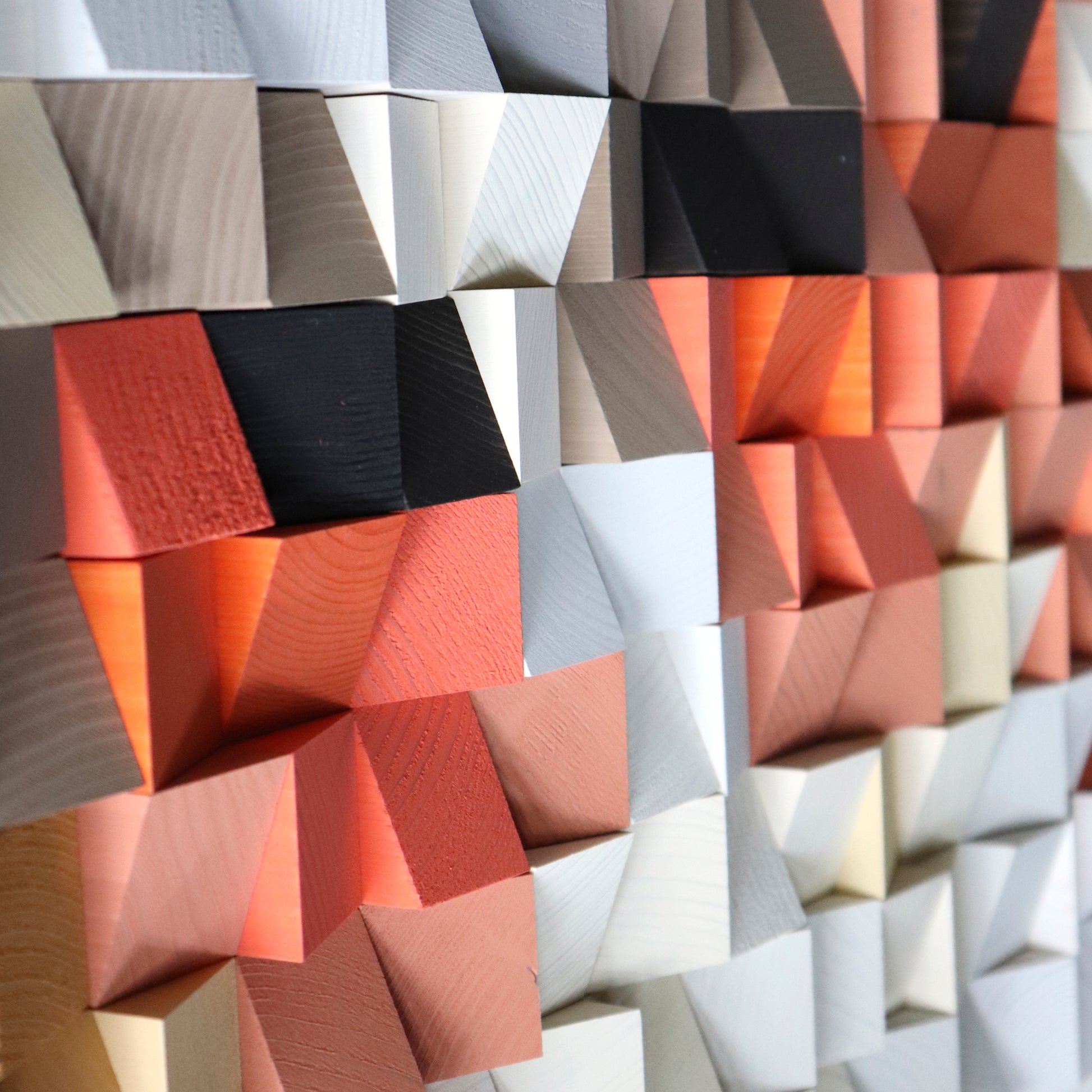 Modern geometric wooden wall decor in natural and red tones