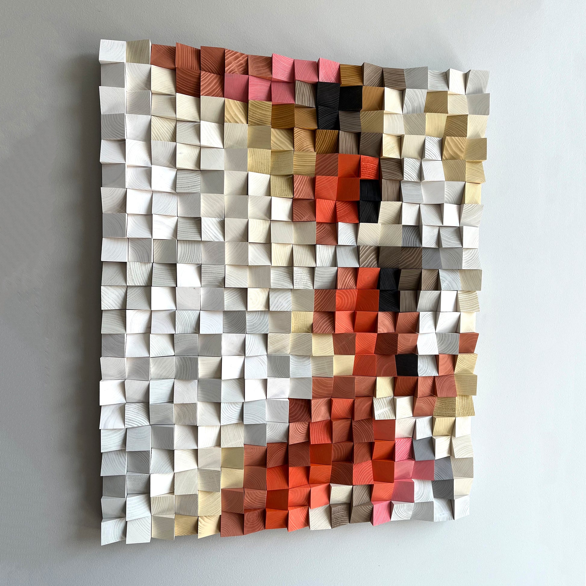 Textured 3D wood wall sculpture handmade from pine blocks