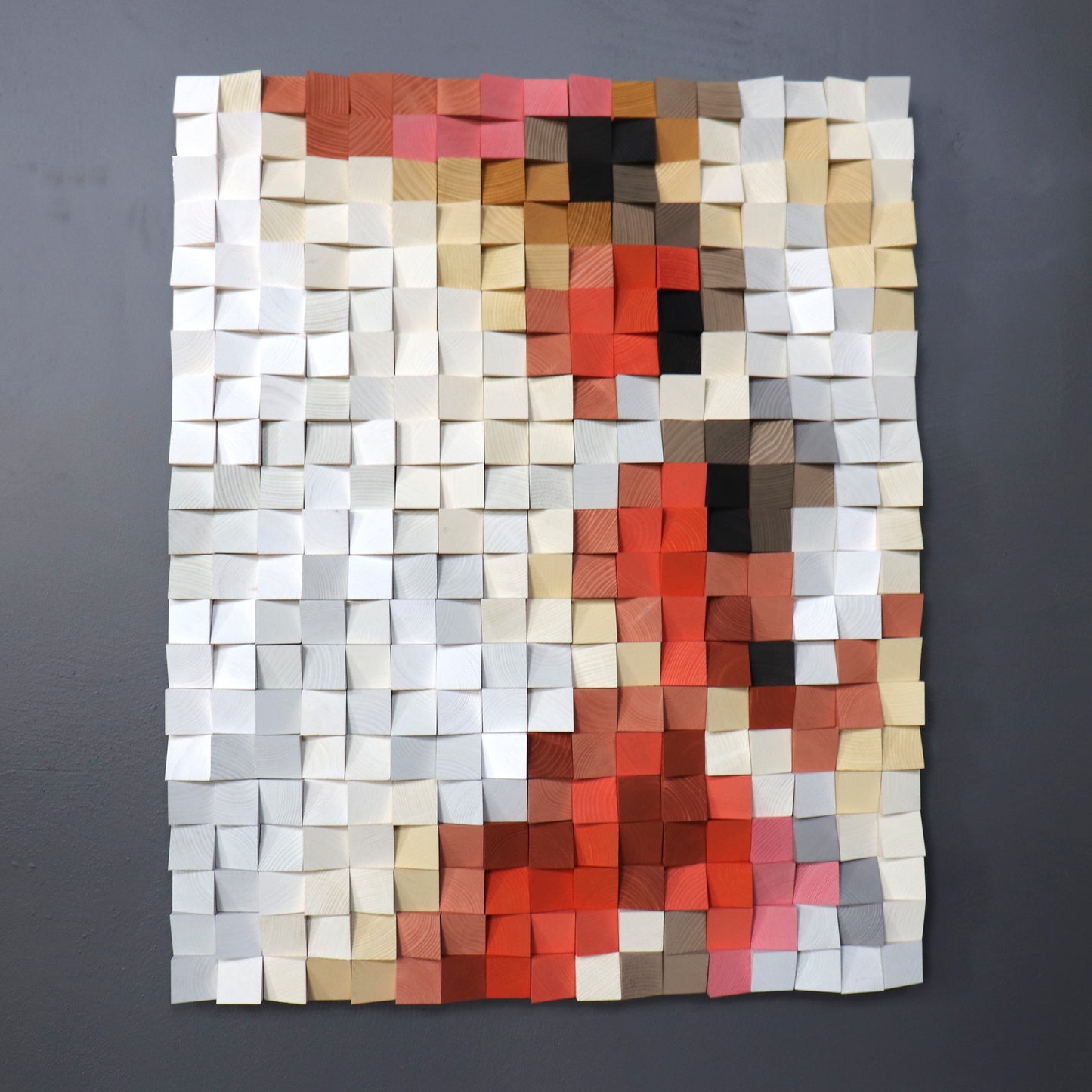 Close-up of handcrafted geometric wooden wall art texture