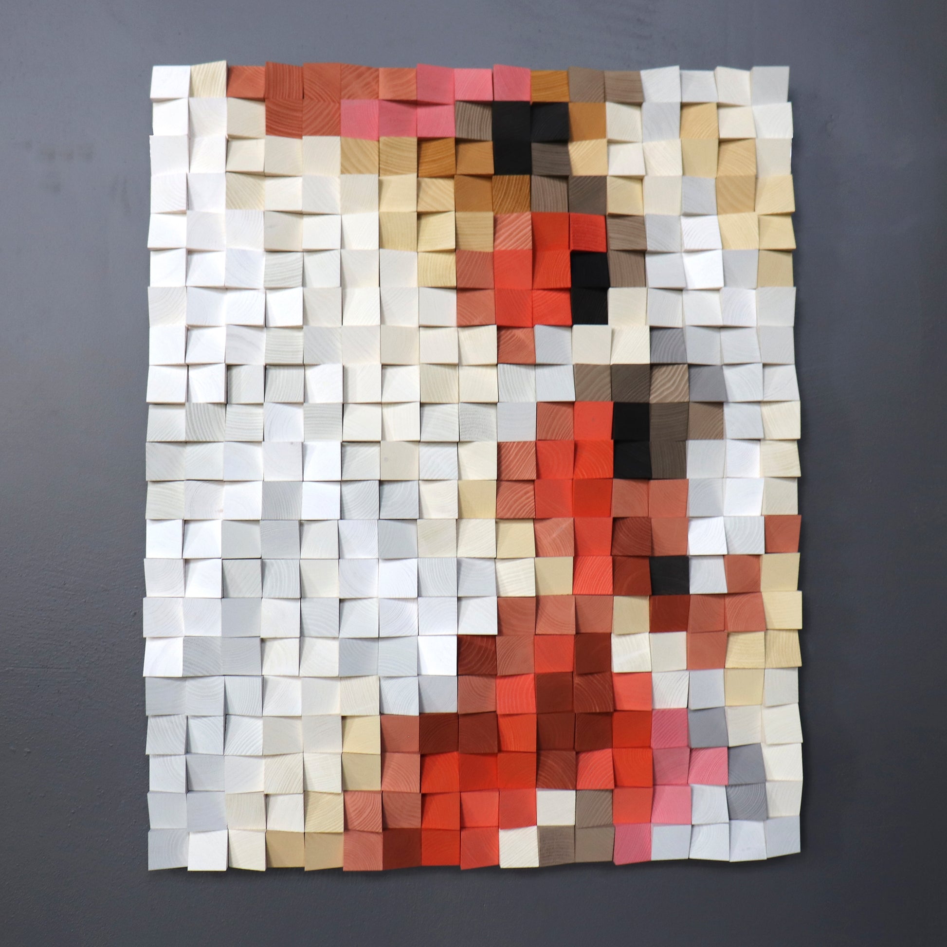 Close-up of handcrafted geometric wooden wall art texture