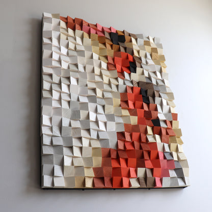 Modern handcrafted wood wall sculpture with depth and color