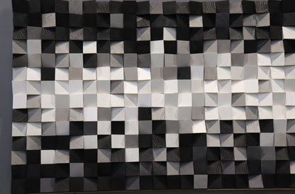 Three-dimensional wooden wall panel in monochrome tones, handcrafted for stylish interior design.