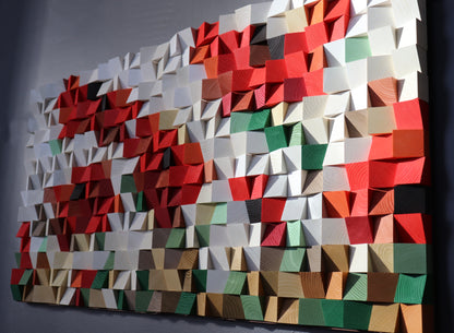 Detailed textured wooden art panel with red, white, and green geometric forms by WoodenPix.