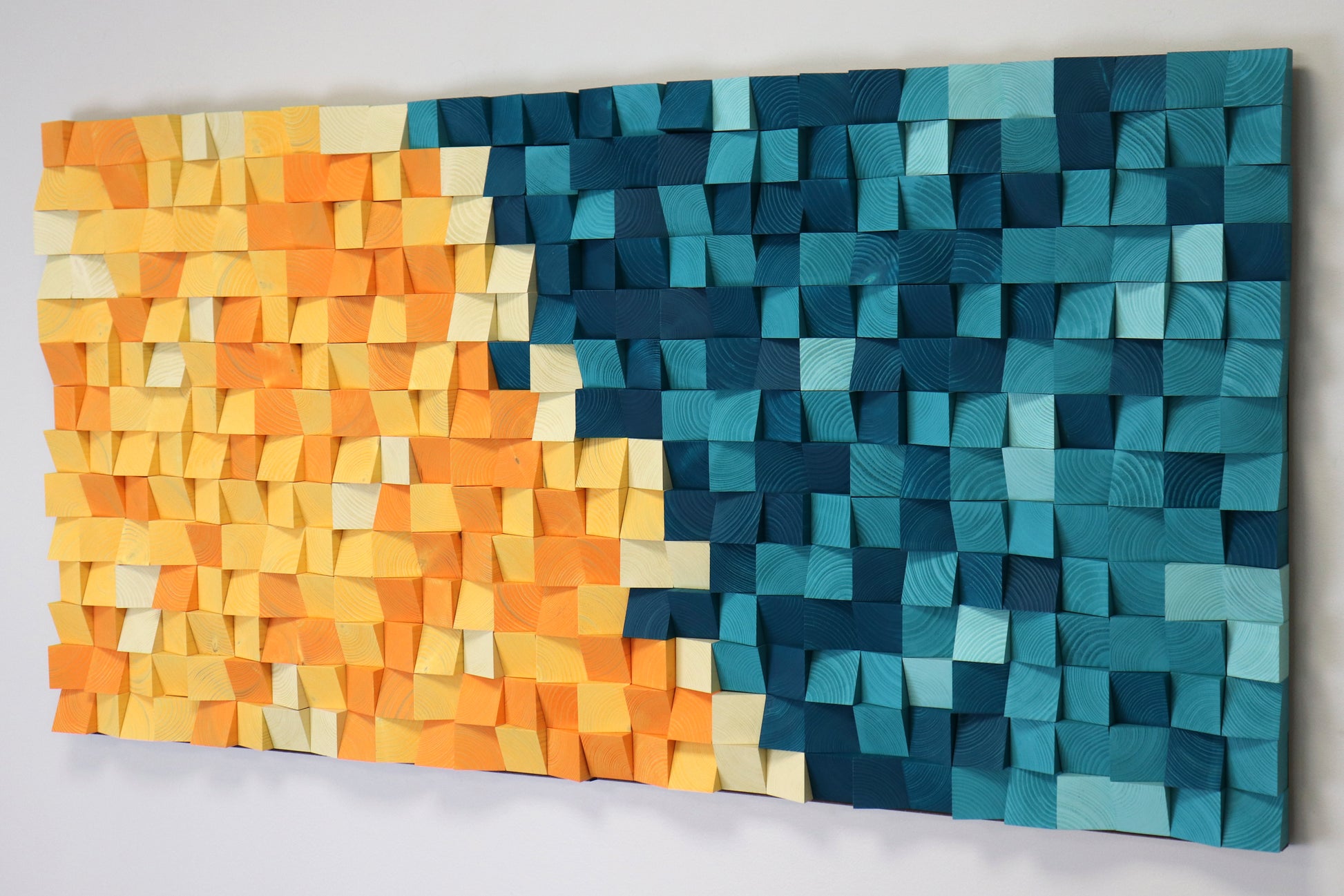 3D wooden wall panel combining sun-yellow and aqua-blue tones for coastal or modern home decor.