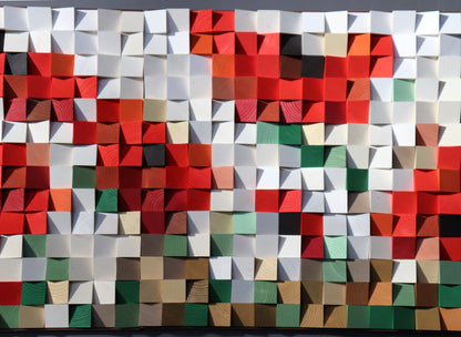Abstract 3D wooden wall art panel with handcrafted geometric blocks in red, green, and natural wood tones by WoodenPix.