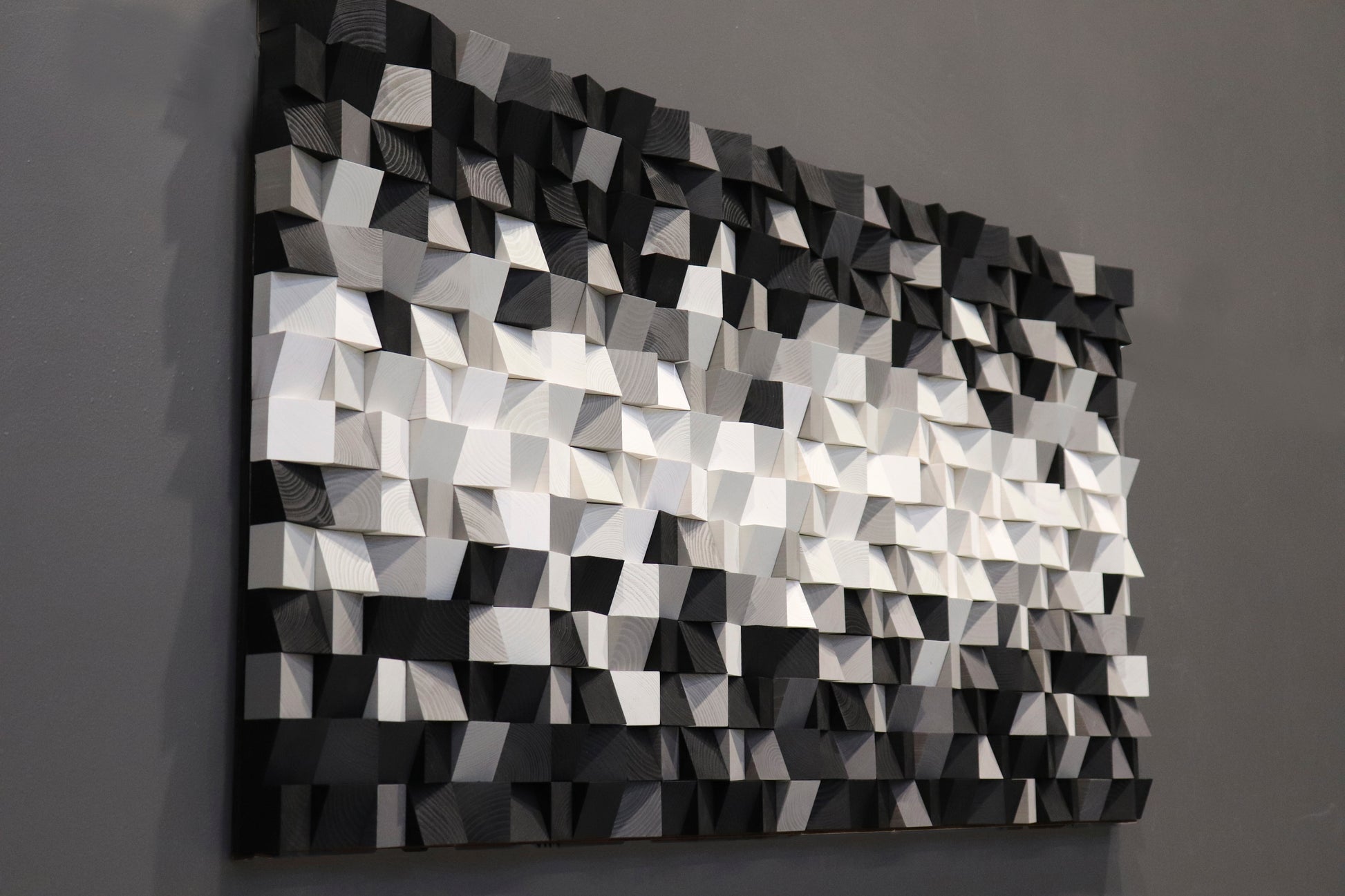 Handmade black and white geometric wooden wall art by WoodenPix featuring 3D texture and modern depth.