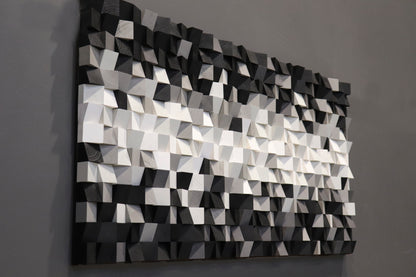 Handmade black and white geometric wooden wall art by WoodenPix featuring 3D texture and modern depth.