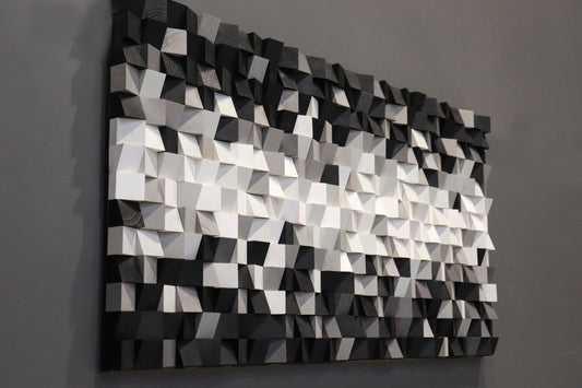 Handmade black and white geometric wooden wall art by WoodenPix featuring 3D texture and modern depth.