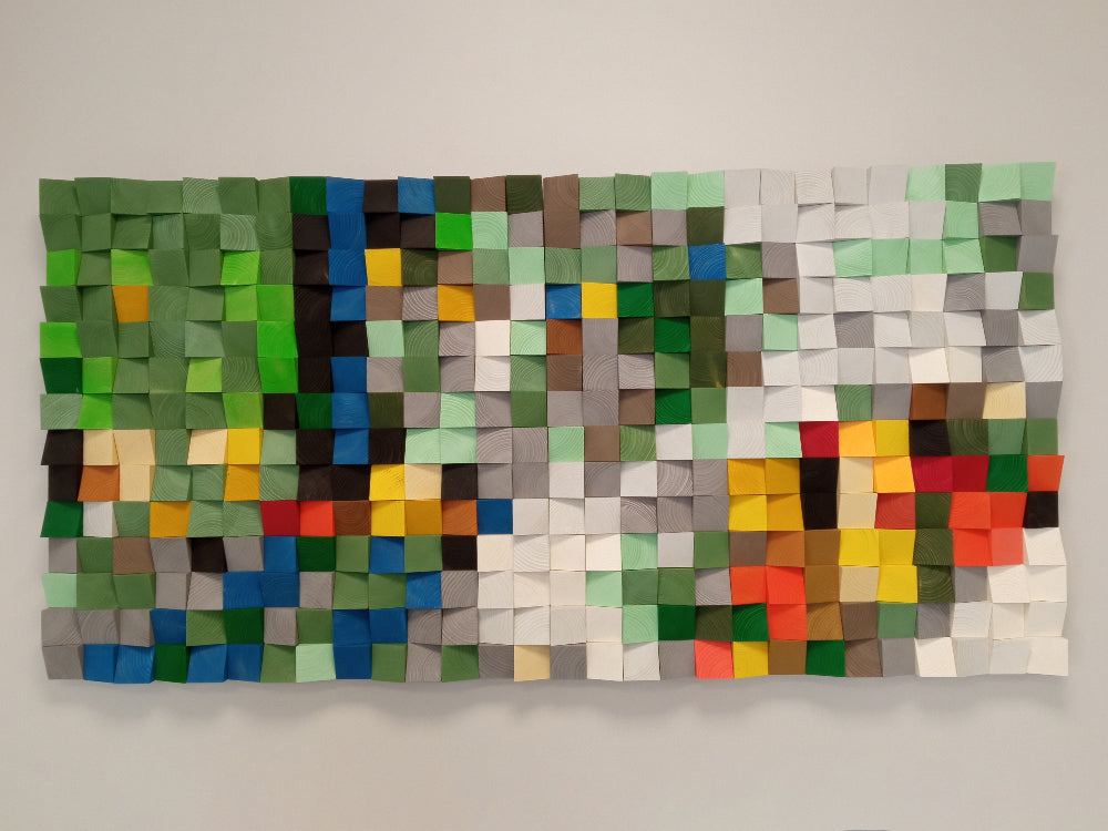 WoodenPix textured wall art blending bright meadow greens, earthy browns, and bold accent colors.