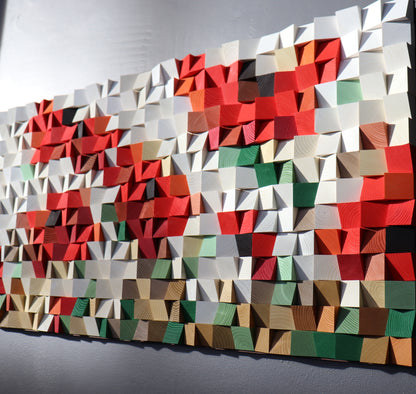 Colorful 3D wooden wall art with bold red, beige, and green accents by WoodenPix.