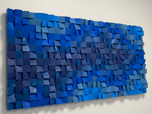 Deep Blue Ocean 3D wooden acoustic wall art in layered blue tones by WoodenPix.