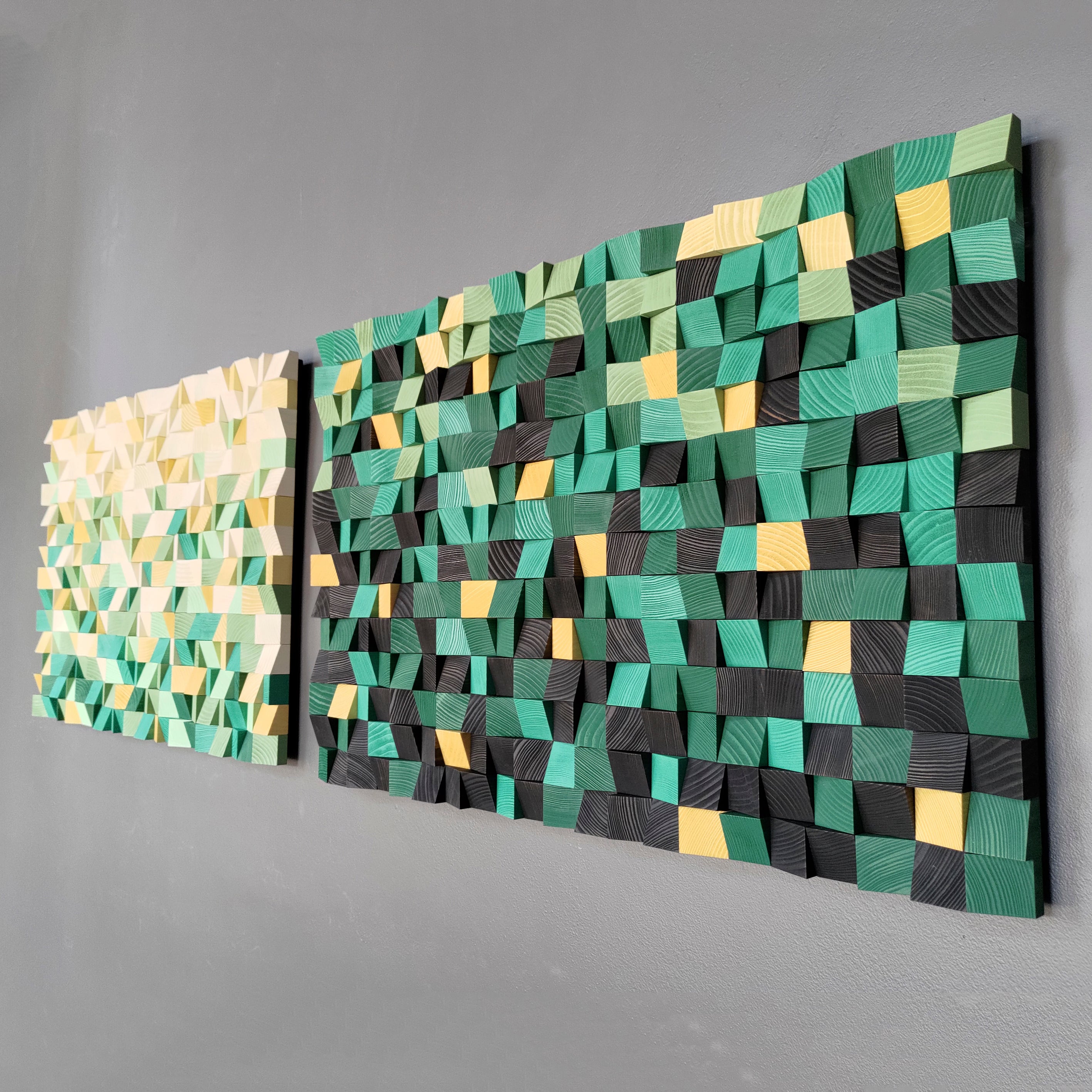 Handcrafted 3D wood wall art by WoodenPix blending soft cream, mint, and emerald shades.