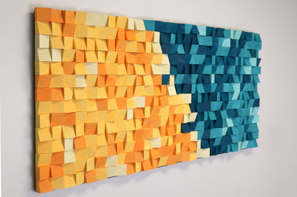 Geometric wooden wall panel with textured cubes in lagoon blue and golden yellow, crafted by WoodenPix.