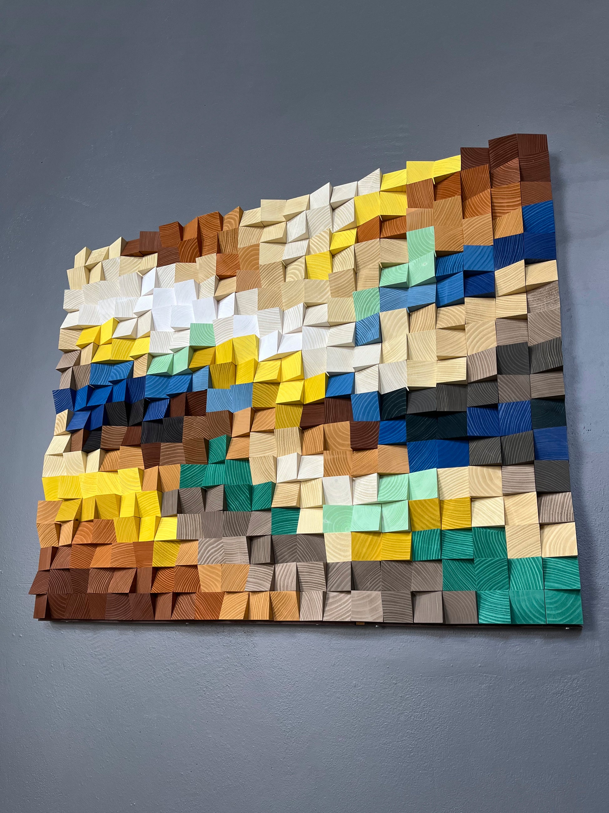 Ground Rock 3D wooden acoustic wall art by WoodenPix in brown, beige, and blue tones.