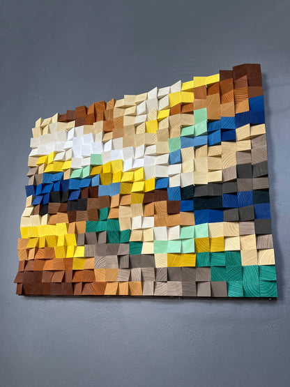 Ground Rock 3D wooden acoustic wall art by WoodenPix in brown, beige, and blue tones.