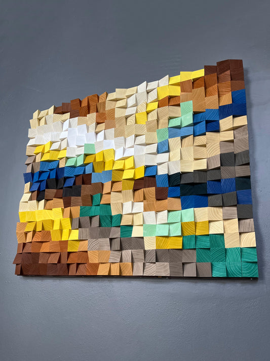 Ground Rock 3D wooden acoustic wall art by WoodenPix in brown, beige, and blue tones.