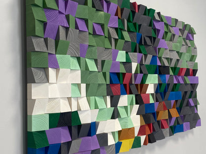 WoodenPix handcrafted 3D acoustic wall panel combining functionality with unique artistic design.