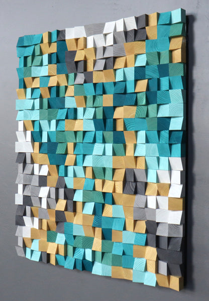 Decorative pixel-style wooden wall art inspired by sea breeze and natural wooden textures.
