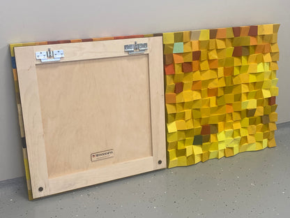 WoodenPix handcrafted 3D acoustic wall panel with geometric wooden cubes inspired by autumn leaves.