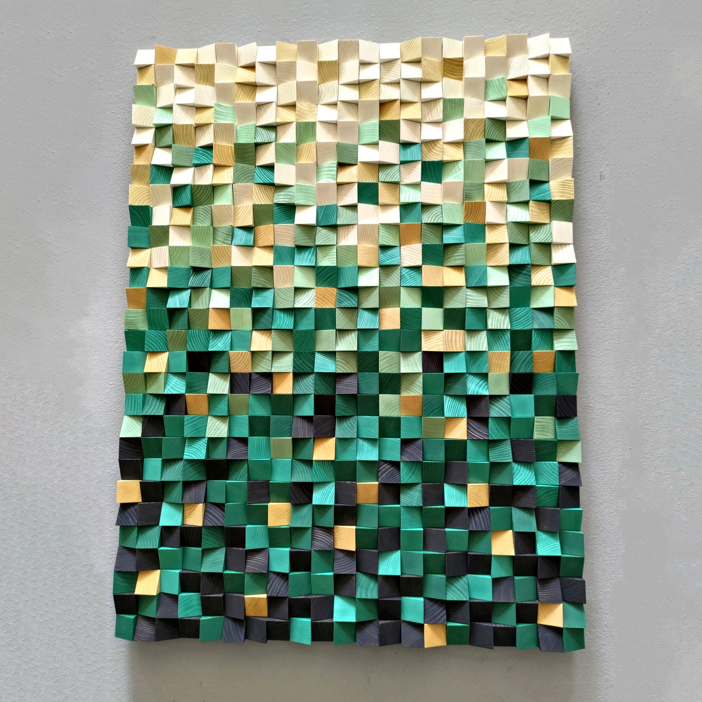 Textured wooden wall panel in mixed cream, gold, and green shades for modern interiors.
