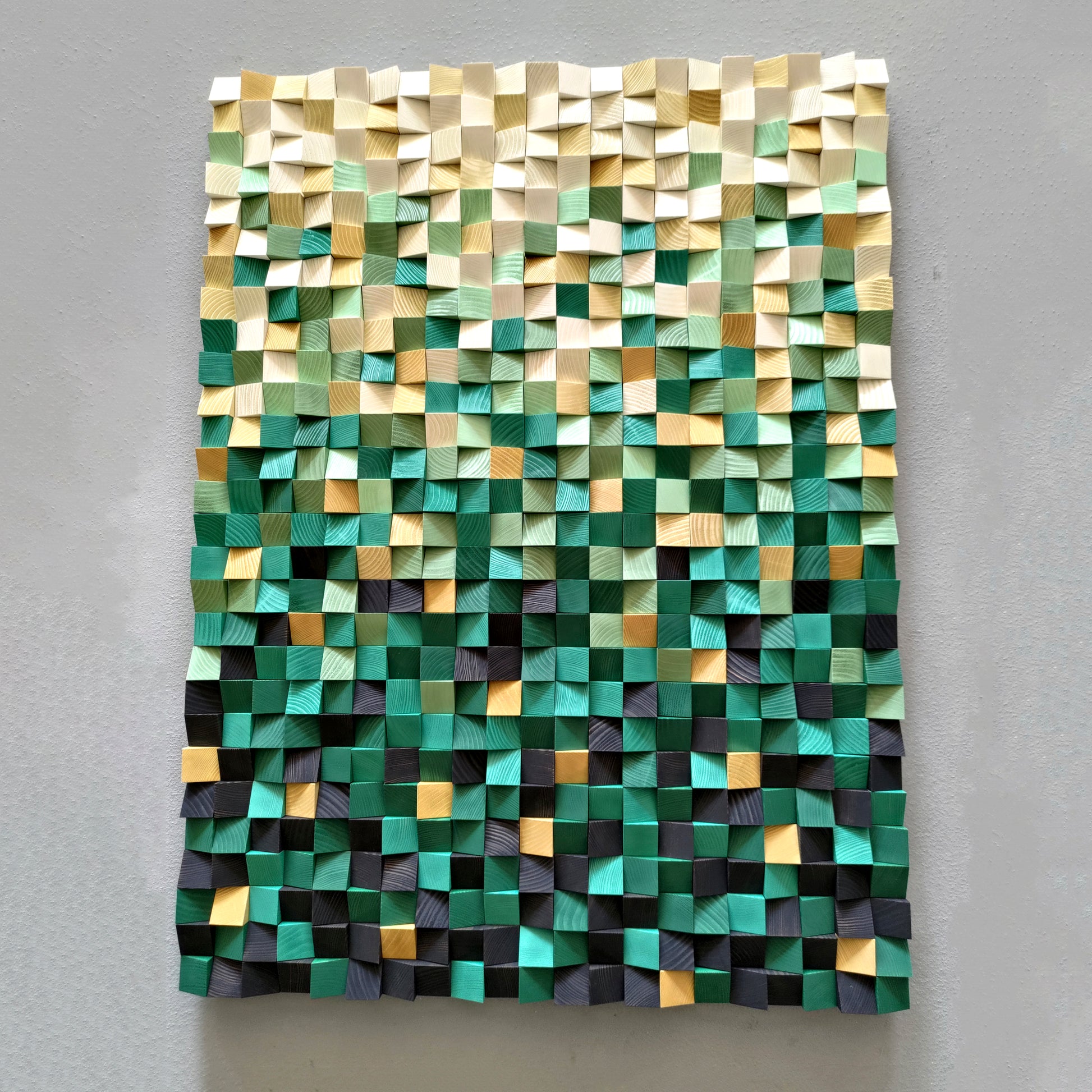 Textured wooden wall panel in mixed cream, gold, and green shades for modern interiors.