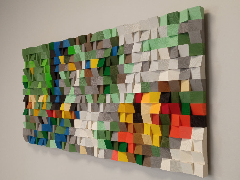 Textured wooden wall panel inspired by blooming meadow landscapes and geometric design.
