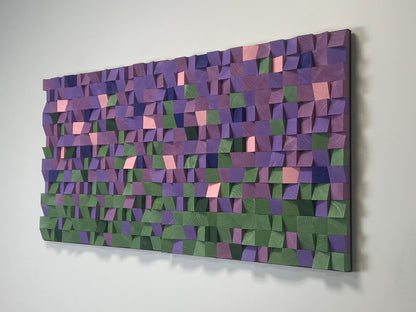 Handmade wooden wall decoration inspired by lavender fields, painted in soft purple and green tones.