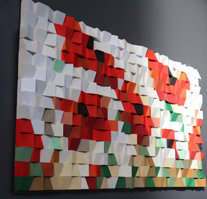 Handmade 3D wooden wall sculpture combining texture, pattern, and color for home or office decor.