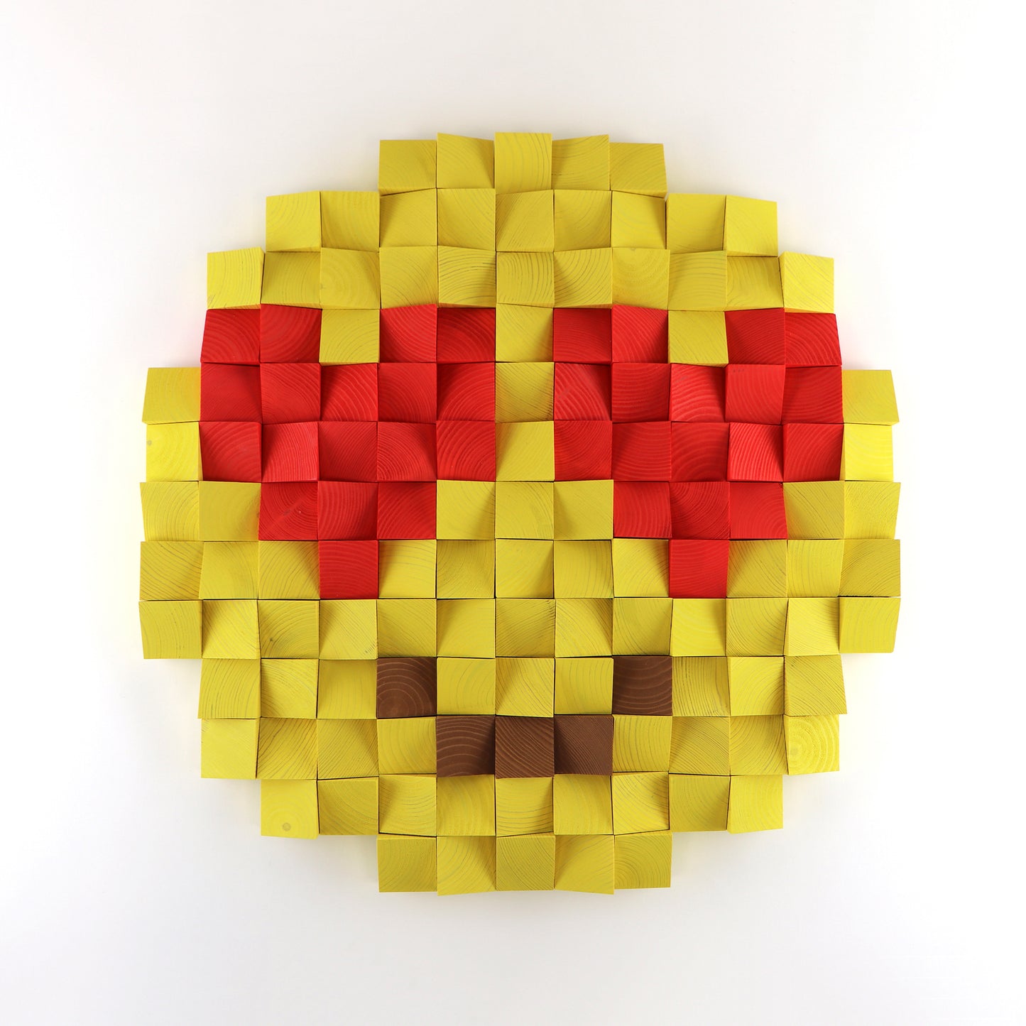 Handmade 3D wooden heart eyes emoji wall art featuring sculpted yellow and red wood blocks in a vibrant pixel-style design.