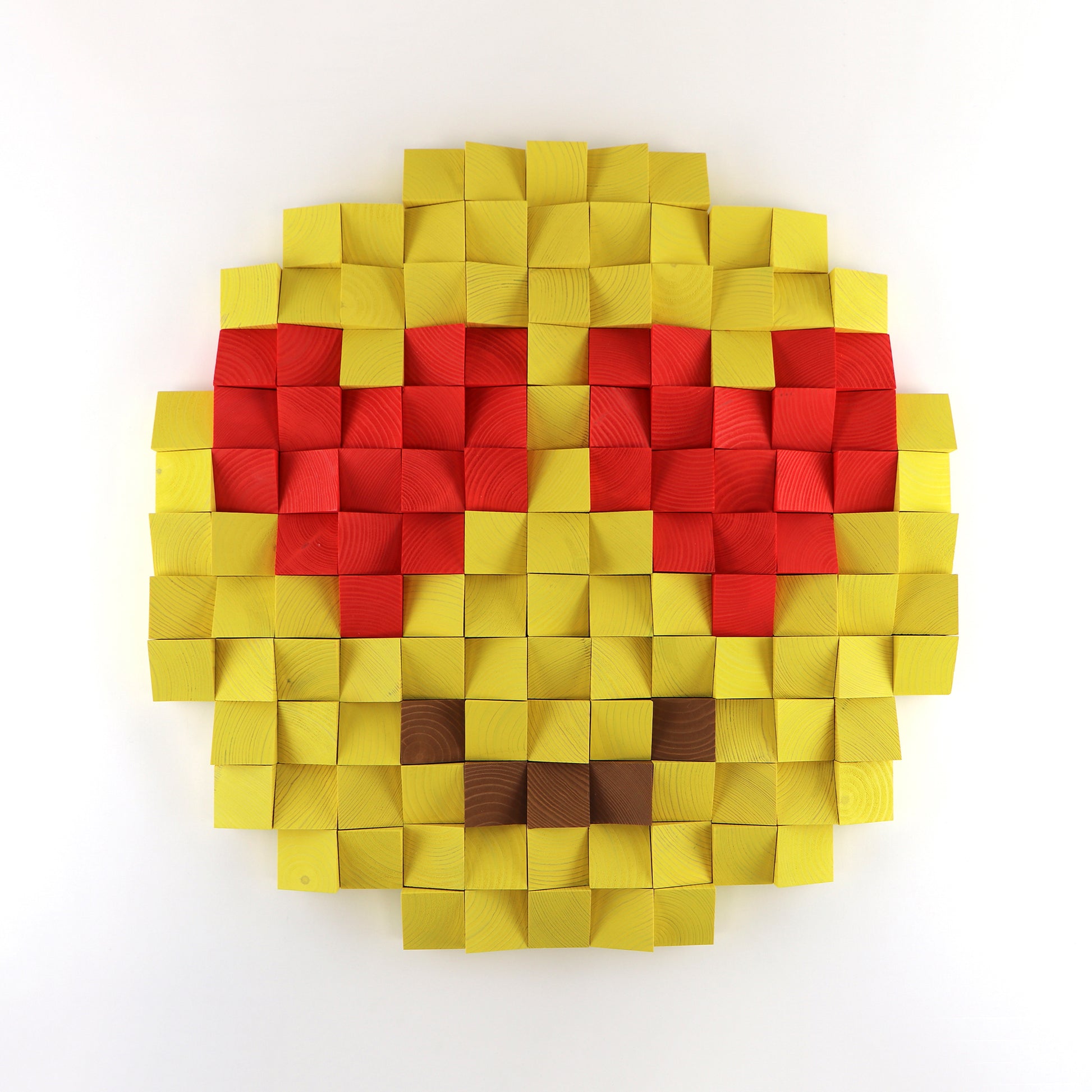 Handmade 3D wooden heart eyes emoji wall art featuring sculpted yellow and red wood blocks in a vibrant pixel-style design.