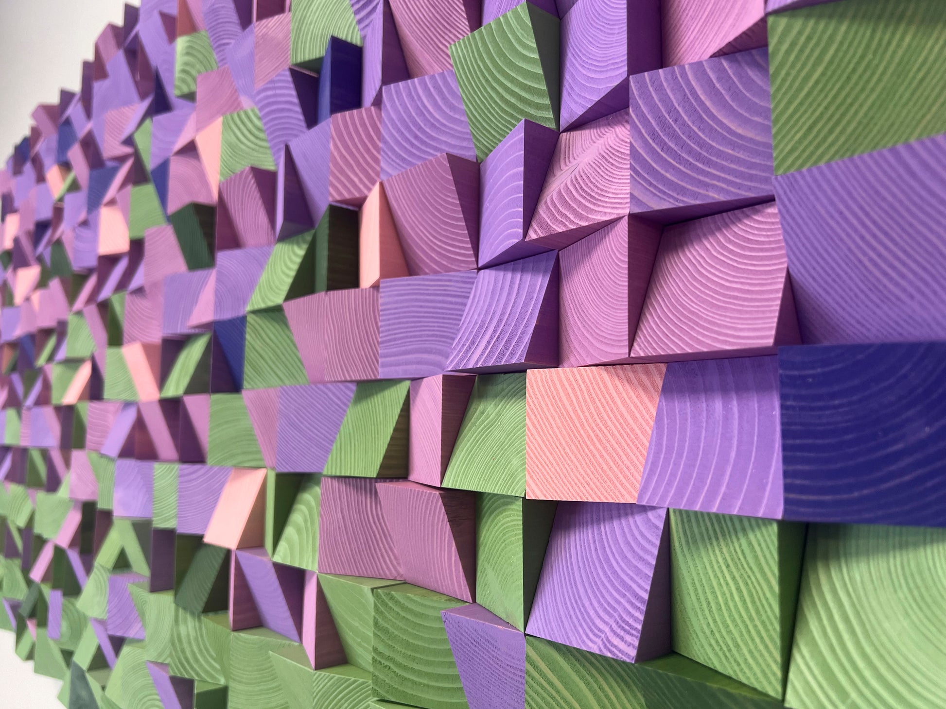 Lavender Field 3D wooden wall art by WoodenPix featuring purple, green, and pink geometric wooden blocks.