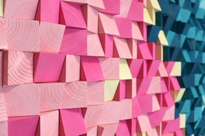 Modern acoustic wall art and sound diffuser handcrafted from natural wood blocks in Water Lilies color palette.