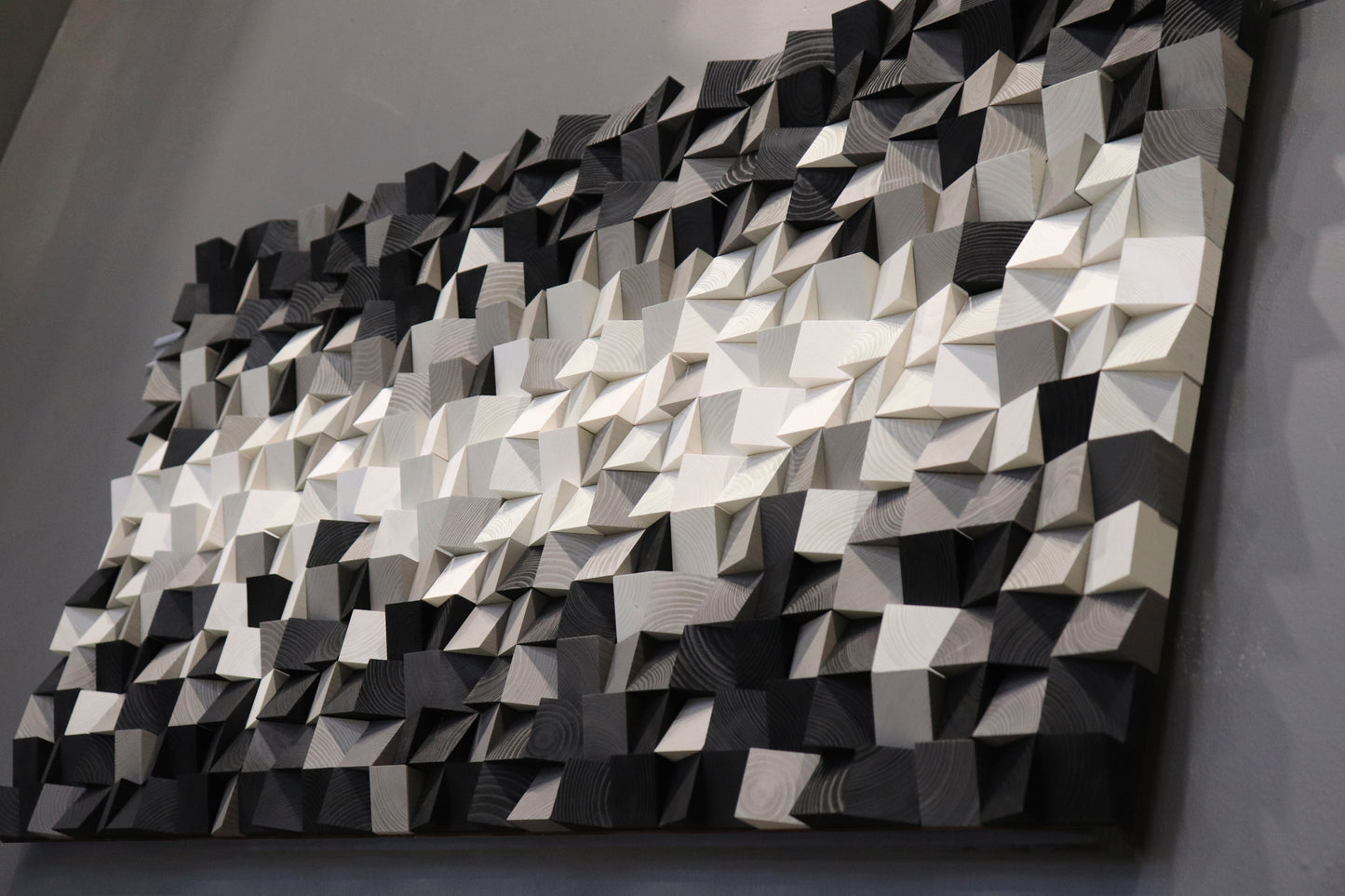 Modern monochrome wooden wall decor in black, grey, and white tones — perfect for minimalist interiors.