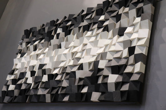 Modern monochrome wooden wall decor in black, grey, and white tones — perfect for minimalist interiors.