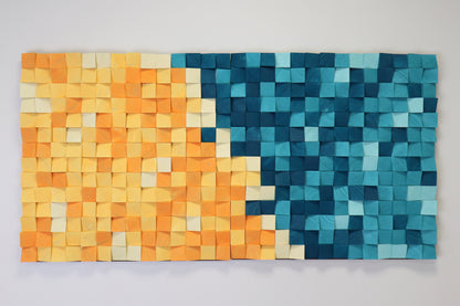 Modern wooden wall art inspired by tropical lagoons, handcrafted from colorful natural wood blocks.