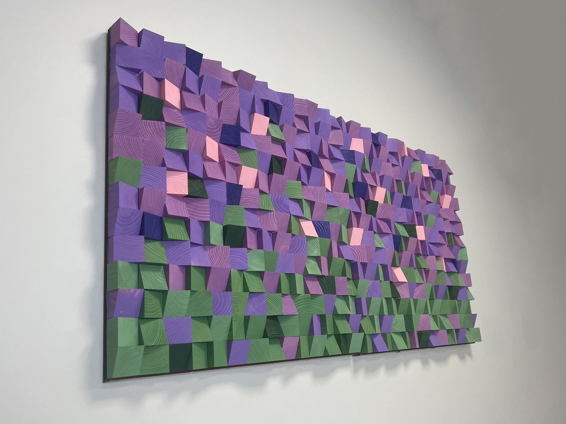 Modern lavender field wood wall decor crafted from hand-carved wooden cubes by WoodenPix.