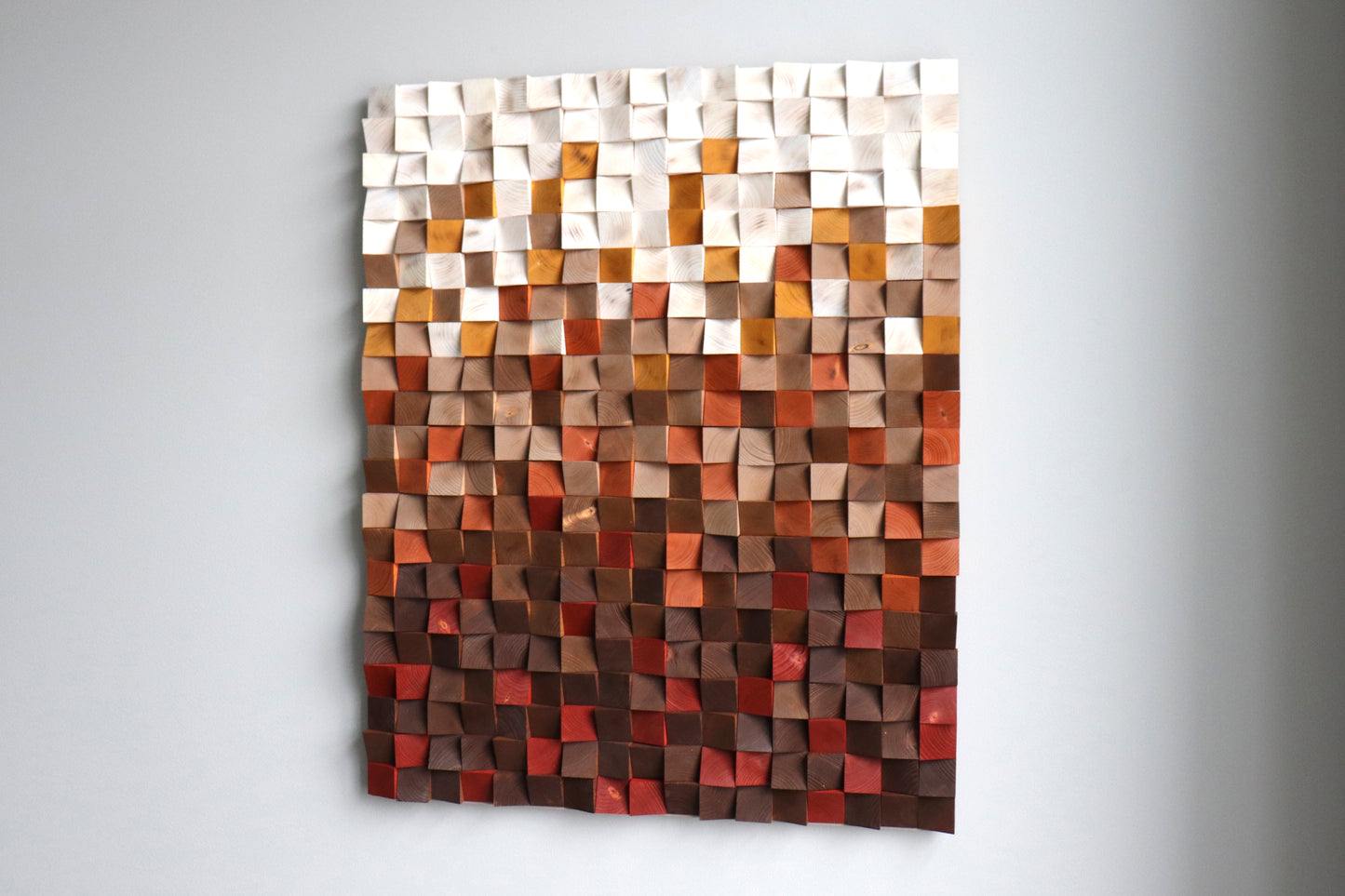 Handmade 3D wooden wall art “Pumpkin Spice” modern geometric wall sculpture front view.