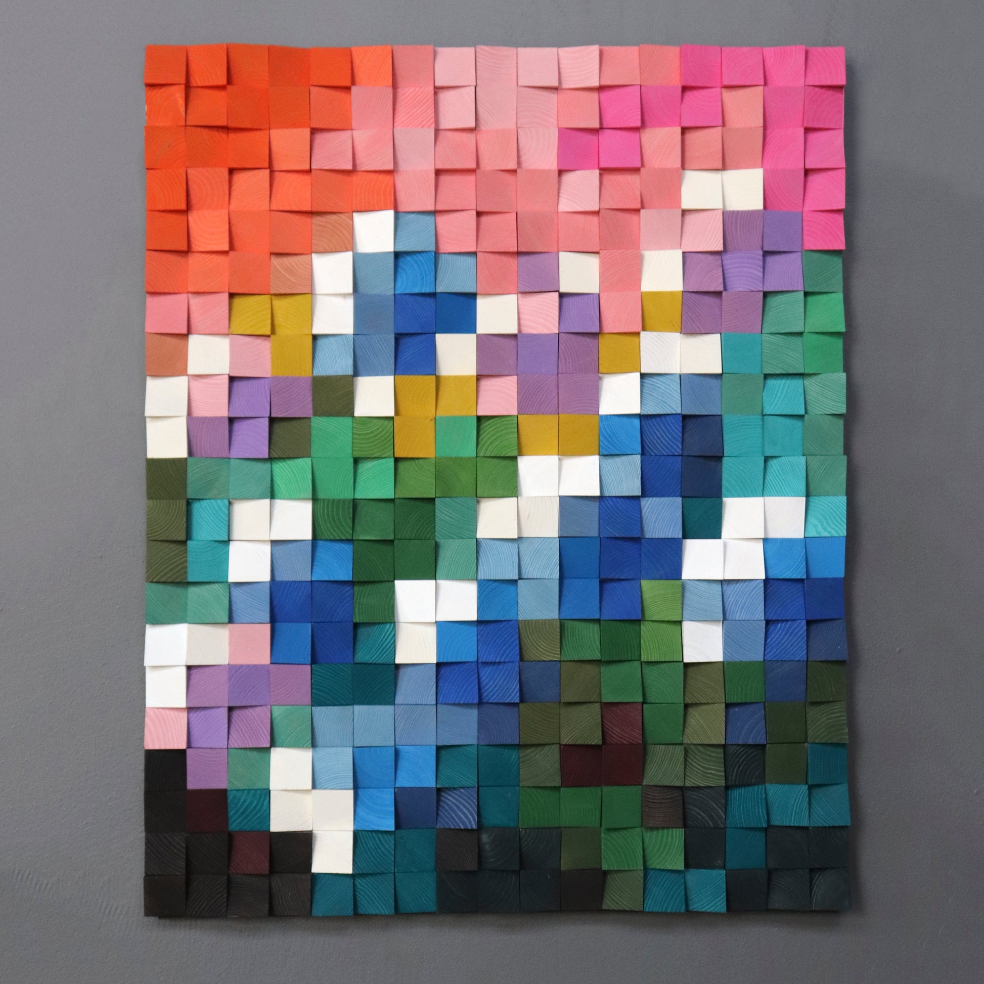 WoodenPix handmade wall decor with colorful geometric wood blocks for acoustic design.