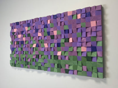 Purple and green handcrafted wooden wall decor inspired by a blooming lavender field.