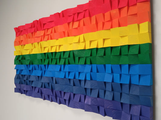 LGBTQ+Rainbow Flag 3D wooden acoustic panel by WoodenPix featuring vibrant colors and geometric sound-diffusing design.