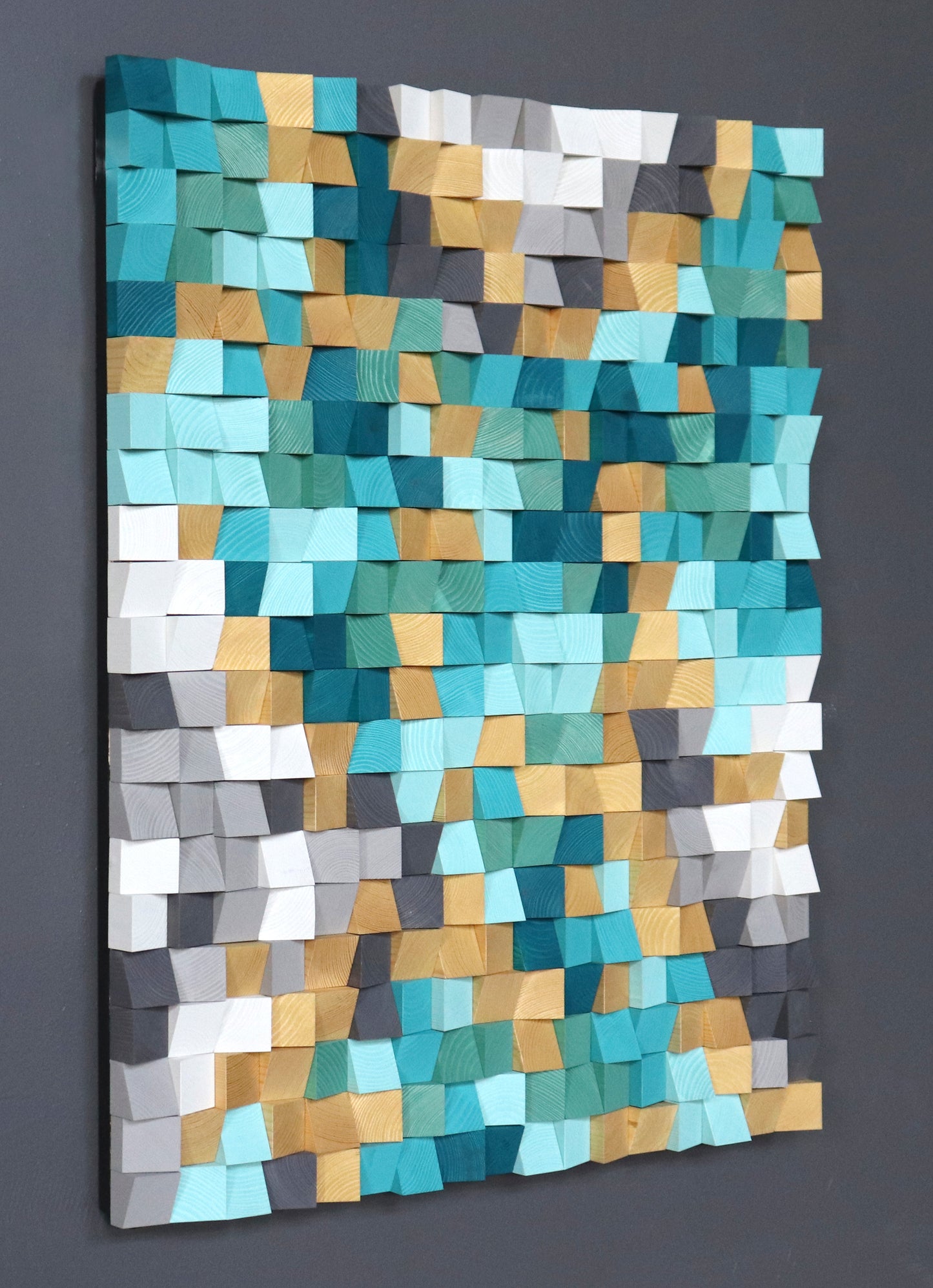 Sea Breeze 3D wooden acoustic wall art by WoodenPix featuring pixel-inspired teal and gold tones.