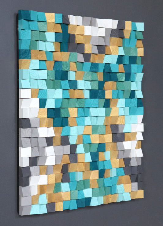Sea Breeze 3D wooden acoustic wall art by WoodenPix featuring pixel-inspired teal and gold tones.