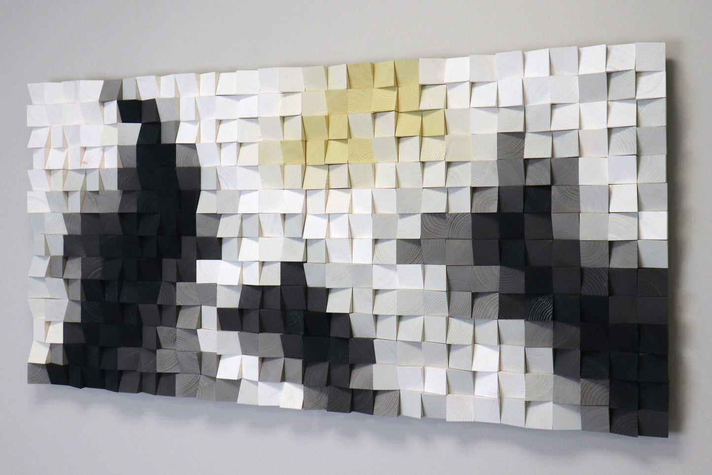 Snowy Hills 3D wooden acoustic panel in white, grey, and black tones by WoodenPix.